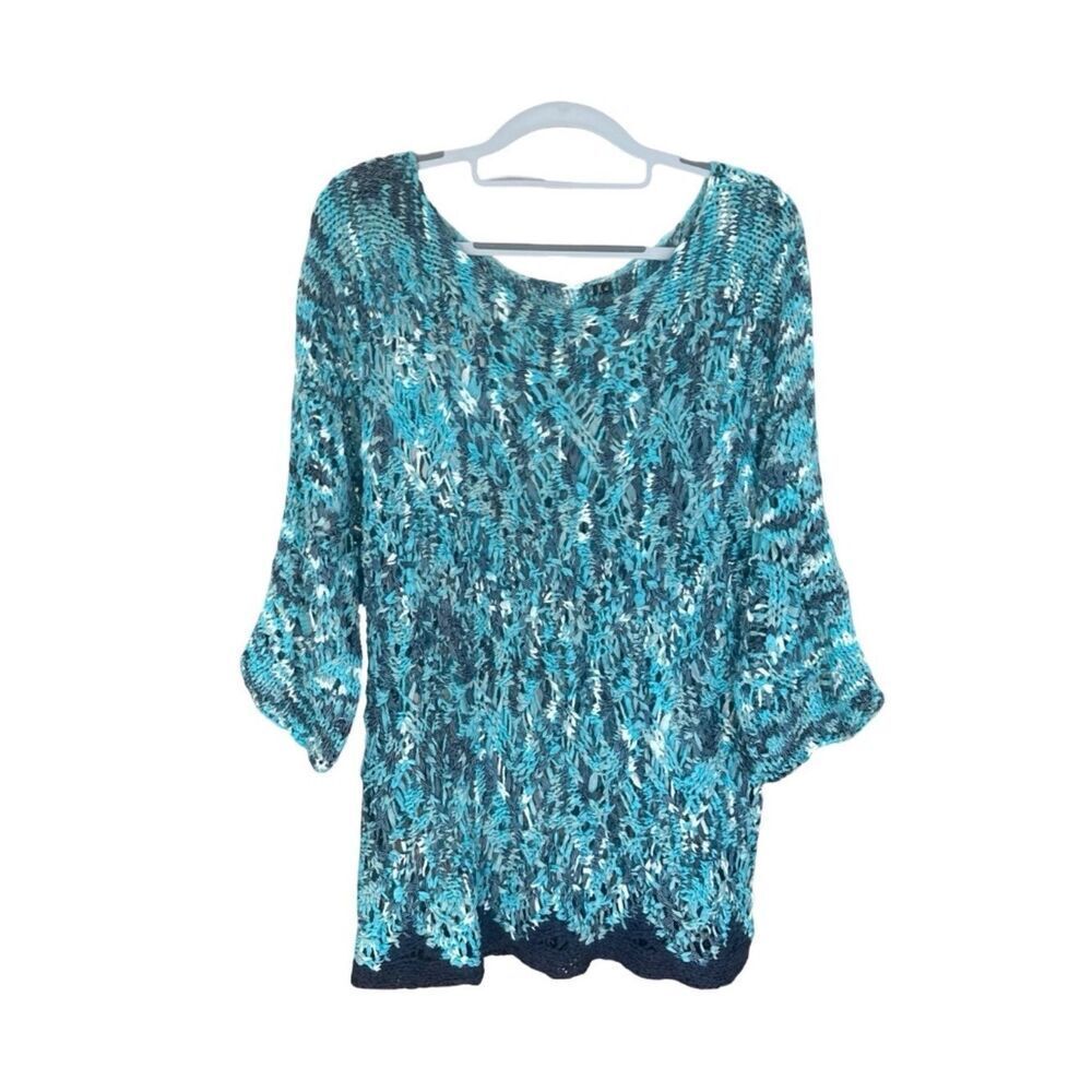 Women's Lightweight Open Knit 3/4 Sleeve/Bat Sleeve Pullover Sweater Blues XL